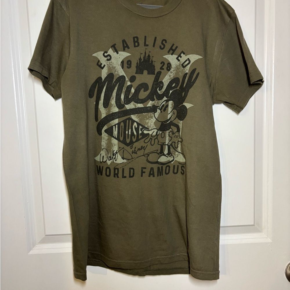 Disney Mickey Mouse Graphic Tee Olive Green‎ Distressed Logo S Vintage Look